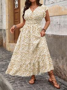 SHEIN Holidaya 大碼女士時尚V領印花短袖連衣裙，附手提包 - 黃色 - 查看 7