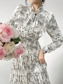 Mulvari Women's Spring/Summer Floral Print Ruffle Hem Belted Long Sleeve Pleated Hem Elegant Dress Maxi Women Outfit