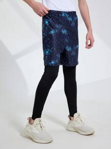 Teen Boys' Summer Solid Color Short Sleeve Top With Printed Patchwork 2 In 1 Long Pants Sportswear Set - Black - View 4