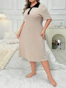 Color-Blocked Collar Half Placket Shirt Dress, Plus Size, Short Sleeved Sleepwear