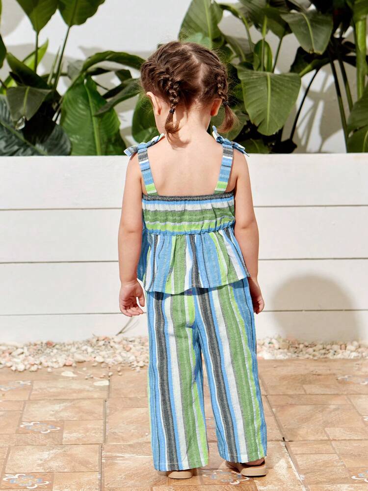 Baby Girl Summer Vacation Striped Tank Top & Elastic Waist Long Pants Outfits