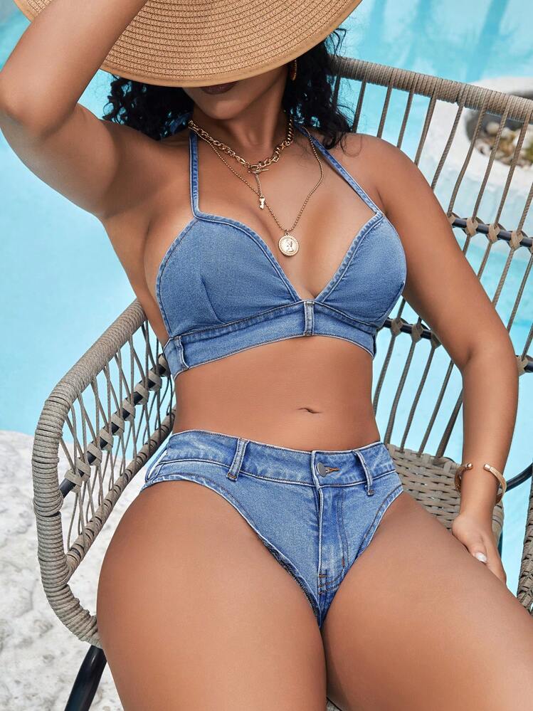 SHEIN SXY 純色超短款性感無袖丹寧上衣，採用項圈式頸掛式設計 - 淺色水洗藍 - 查看 4