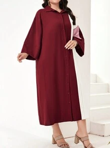 Mulvari Plus Size Vacation Leisure Colorblock Button-Front Shirt Dress - Red - View 3