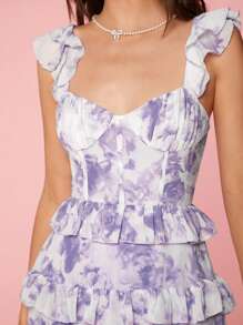 Enchnt Women's Summer Elegant Floral Allover Print Multilayered Ruffle Sleeveless Dress