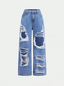 SHEIN Girlism Quần jean denim ống đứng rộng thùng thình rách kiểu Y2K dành cho bé gái tuổi teen, quần mùa hè. - Rửa nhẹ - Xem 1