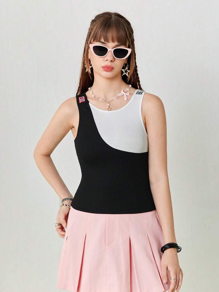 Women's Colorblock Sports Casual Round Neck Summer Crop Tank Top With Embroidery Detail