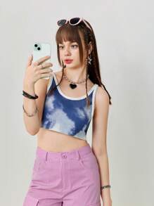 SHEINNeu Women's Summer Tie-Bye Contrast Trim Loose Simple Crop Tank Top - Blue - View 3