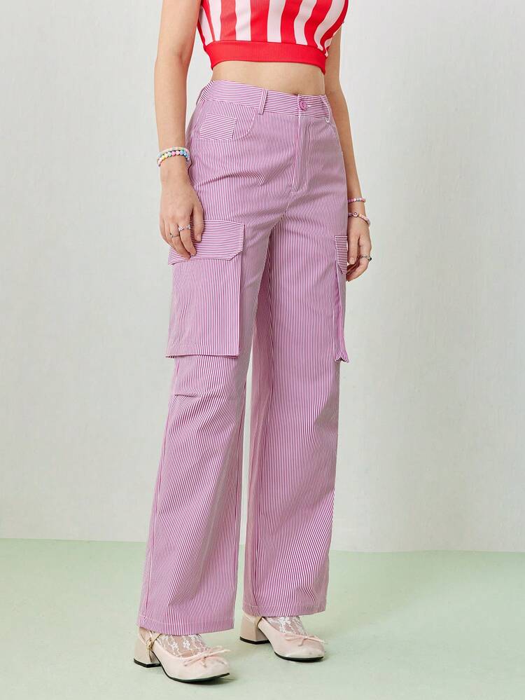 Women's Summer Casual Oversized Pocket Work Clothes, Pink Straight Leg Pants