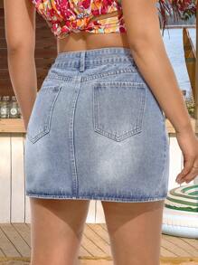 Breezaya Jupe en denim à taille haute asymétrique pour femmes avec fente latérale, décontractée - Bleu azur - Voir 2
