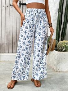 Breezaya 女性小花寬腿寬鬆長褲，腰間綁帶，適合度假穿著 - 彩色 - 查看 3