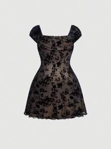 SHEIN MOD Plus Kích Thước Mùa Hè Retro Đen Nhung Lưới Áo Ngực Xếp Ly Thắt Nơ Ruy Băng Chữ A Spaghetti Đầm Dây, Mùa Hè - màu đen - Xem 2