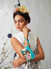 Frida Kahlo X SHEIN Monedero con cremallera con estampado de caracteres y flores, regalo