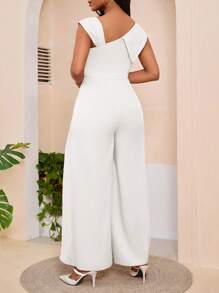 SHEIN Lady Women's Summer Solid Color Asymmetrical Neck Side Slit Wide Leg Jumpsuit With Loose Hem