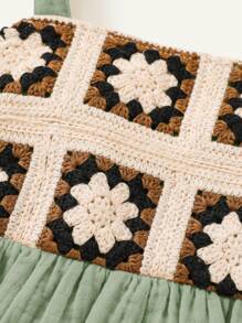 Cozy Pixies Baby Girl Floral Knitted Patchwork Sleeveless Overalls Dress With Bloomer Set - Cadet Blue - View 7