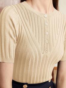 BizChic Women's Solid Color Round Neck Single-Breasted Casual Short Sleeve Knit Top, Summer - Khaki - View 6