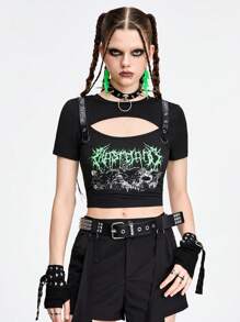 ROMWE Grunge Punk 底部炸辮式字母和骷髏印花金屬網飾女士中空貼身T恤 - 黑色 - 查看 1