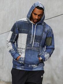 Manfinity Homme Men Plus Size Casual Hooded Pullover With Patchwork And Printed Design For Summer - Multicolor - View 3