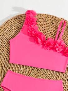 年轻女孩纯色 3D 花朵装饰比基尼套装，夏季新品 - 粉色 - 查看 3