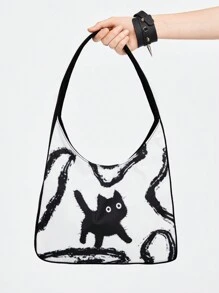 ROMWE Goth 黑白貓咪印花哥德龐克風格大容量肩袋
