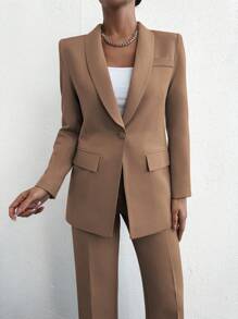 EURMUSE Costume élégant unicolore pour femme avec col Mandarin sombre pour le travail, un bouton et manches longues à pantalon long pour les déplacements