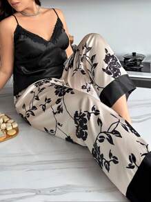Color Block Floral Printed Satin Plus Size Pajama Set - Black - View 4