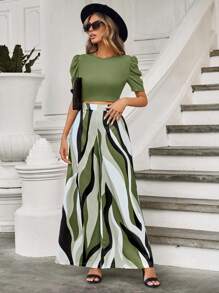 SHEIN Clasi 女士夏季純色圓領短款泡泡袖配寬鬆條紋寬腿褲套裝 - 軍綠色 - 查看 4