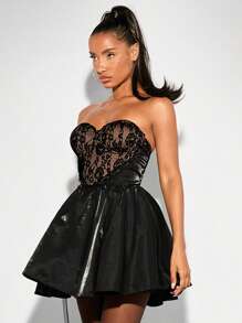 SHEIN BAE 夏季性感黑色蕾絲拼接蓬蓬裙迷你裙女式無肩帶A字裙 - 黑色 - 查看 7