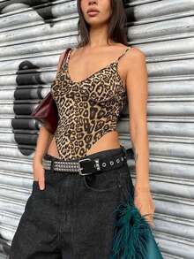 Body con spalline sottili a stampa leopardata da donna, semplice e casuale - Castano - Visualizzare 3