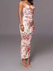 Flower Print Draped Neck Waist-Tie One-Shoulder Dress For Summer Vacation - Pink - View 3