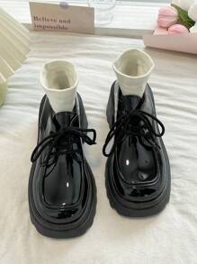 Women's Classic Shine Black Ribbon High Wedge Heel Loafers - Black - View 4