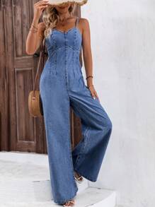 SHEIN Frenchy Vacation Style Elastic Waist Denim Jumpsuit With Wide-Legged - Medium Wash - View 4