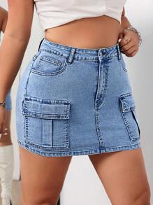 SHEIN ICON Falda vaquera simple y sólida para mujer de talla grande, ideal para uso diario - Azul - Ver 5
