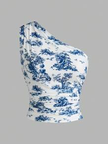 SHEIN EZwear Damski top na ramię z nadrukiem w stylu vintage