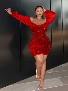 Slaydiva Của phụ nữ Kích thước lớn Quần bó Off Shoulder Long lanh Vá lại Tay áo lồng đèn Đầm - Đỏ - Xem 3