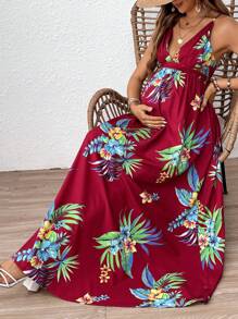 SHEIN Maternity Vacation Beach Tropical Floral Print High Waist Cross Backless Spaghetti Strap Dress - Burgundy - View 3