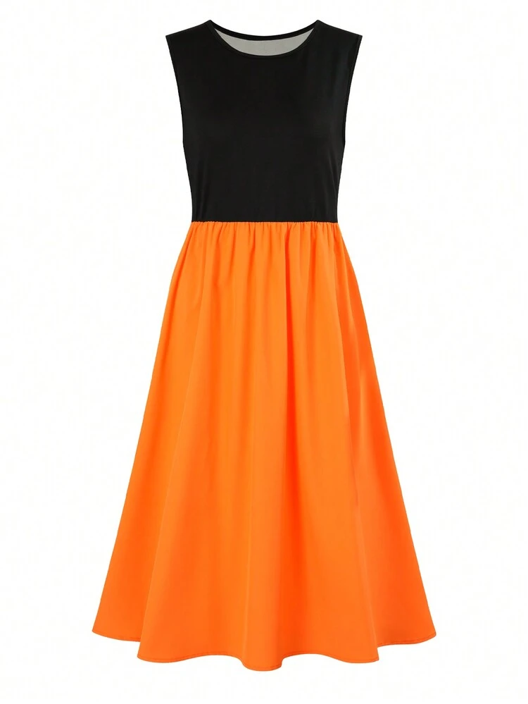 Ladies' Solid Color Mesh Splice Sleeveless Dress