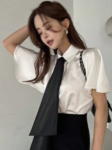 DAZY Camicetta in chiffon con fiocco al collo, di colore tinta unita, adatta per l'estate e l'ufficio, abbigliamento casual elegante per donne