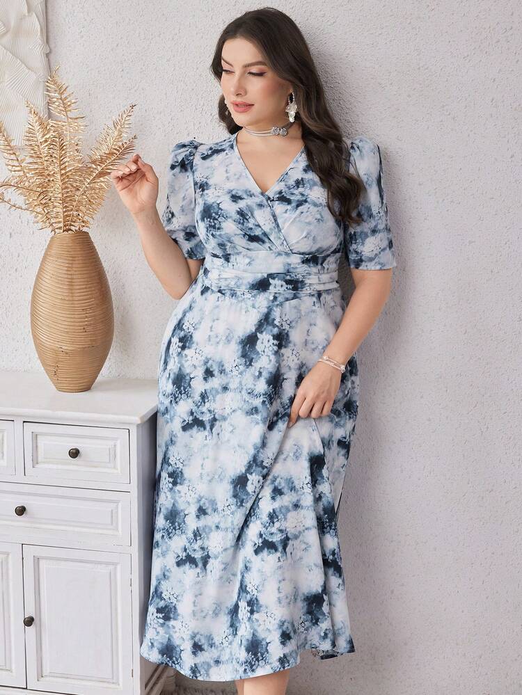 Plus Size Summer Elegant Tie-Dye Floral Printed Puff Sleeve Waist Cinched Waist Dress
