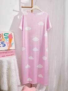 Women's/Mom's Cute Cat Print Short Sleeve Nightgown - Baby Pink - View 2