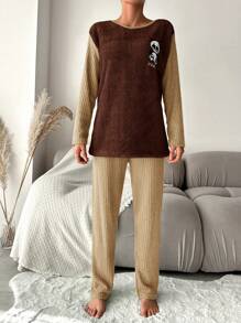 RueChic Panda & Letter Embroidery Contrast Sleeve PJ Set - Brown - View 3