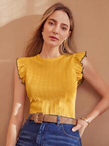 MOTF PREMIUM CONTRAST LETTUCE TRIM RUFFLE ARMHOLE TEXTURED TEE - Yellow - View 1
