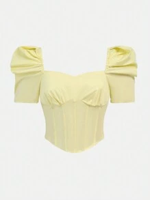 SHEIN Teen Girl Woven Arc Hem Casual Holiday Short Sleeve Blouse With Lamb Leg Sleeves - Mustard Yellow - View 1