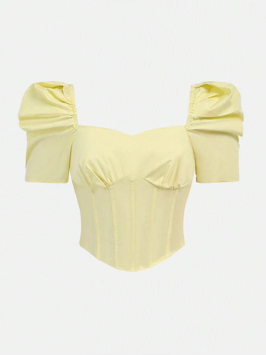 SHEIN Teen Girl Woven Arc Hem Casual Holiday Short Sleeve Blouse With Lamb Leg Sleeves - Mustard Yellow - View 1