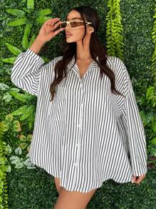 SHEIN SXY Camisa suelta de rayas de manga larga para las vacaciones de verano