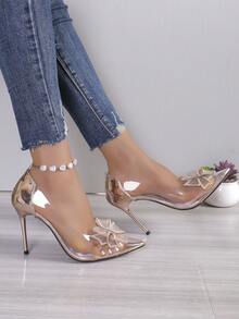 Women's High Heel Shoes, Fashionable Summer Open Toe Stiletto Heeled Pumps With Color Blocking Design For Party - Gold - View 2