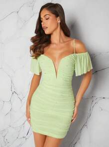 SHEIN Unity Faux Pearl Ruched Lace Up Back Dress - Green - View 1
