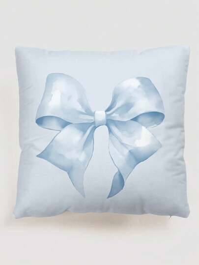 Kawaii 1pc Simple Hand-Painted Romantic Light Blue Bowknot Knot Pattern Pillowcase (Without Pillow Core), Velvet Printed Square Cushion Cover, For Daily Home Living Room Bedroom Decoration,Sofa Cushion Cover, Car Cushion Cover, All Seasons
