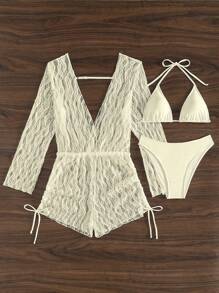 Swim Vcay Solid Color Halter Neck Summer Beach Bikini Set With Semi-Sheer V-Neck Jumpsuit