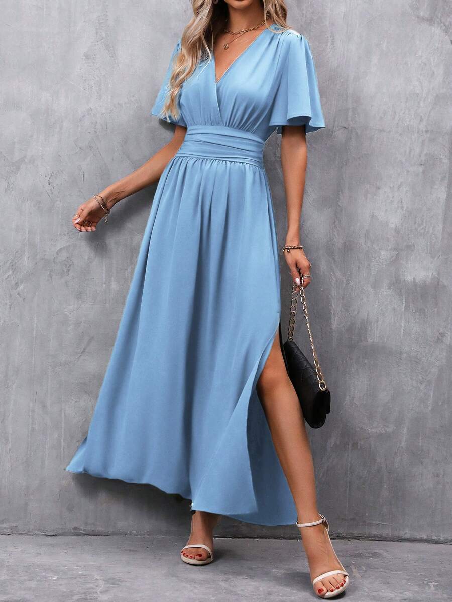 EMERY ROSE Women's Summer Solid Color Overlapping V-Neck Lotus Short Sleeve Side Split Dress, Elegant Maxi Women Outfit - Baby Blue - View 1