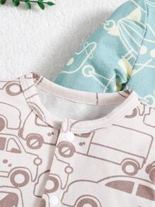 SHEIN Baby Boy Fun Car Airplane Pattern Long Sleeves Footies Knit Comfortable Jumpsuit Two-Piece With Front Zipper Opening - Blue - View 3